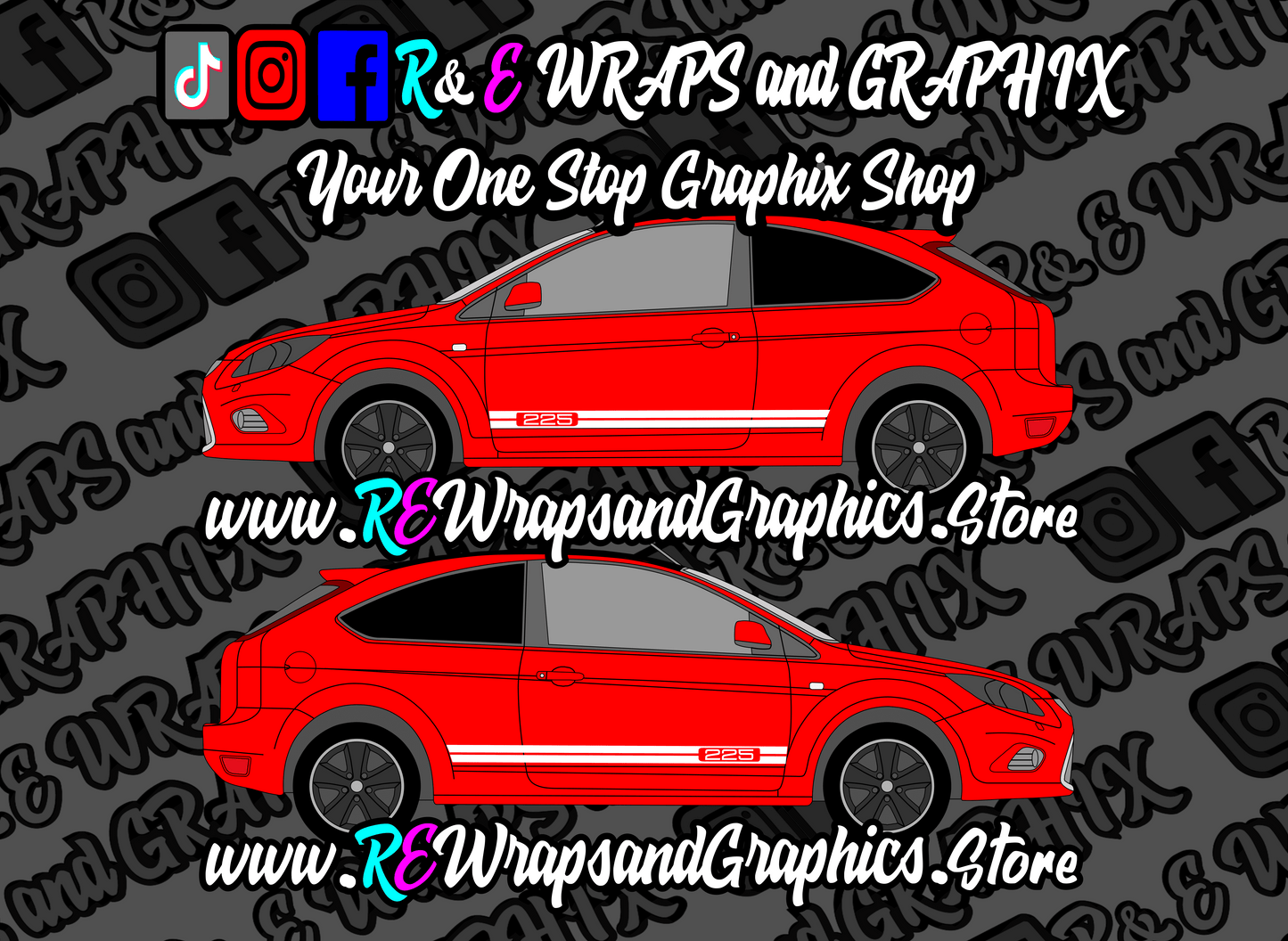 225sidestripesred - R&E Wraps and Graphics LTD - Ford Focus 225 mk2 side stripes - ford, ford 225 side stripes, ford fiesta, ford focus st, ford side stripe, ford side stripes, ford stripes, side stripes