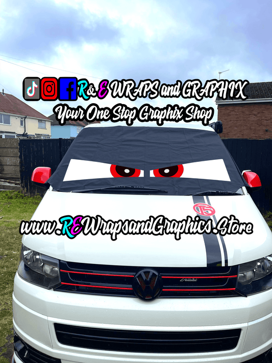 361079423_1698022407290844_2056996167847723374_n - R&E Wraps and Graphics LTD - VW Campervan Windscreen Covers Angry Eyes 2 - T5/T6/T4 - campervan, sunstrips, t5, T5 windscreen cover, t6 windscreen cover, Volkswagen t5, window cover, windscreen cover