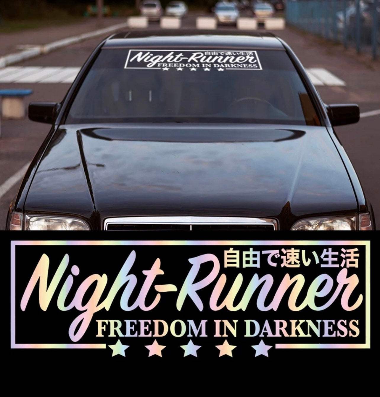 67914B36-A1BB-41E3-AB39-F2A7BFB0FAFF - R&E Wraps and Graphics LTD - Night Runner Windscreen Sticker - JDM, Night Runner, rear window decal, rear window stickers