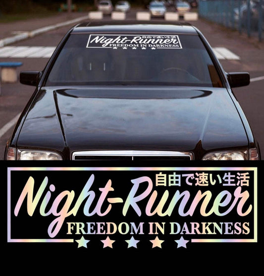67914B36-A1BB-41E3-AB39-F2A7BFB0FAFF - R&E Wraps and Graphics LTD - Night Runner Windscreen Sticker - JDM, Night Runner, rear window decal, rear window stickers