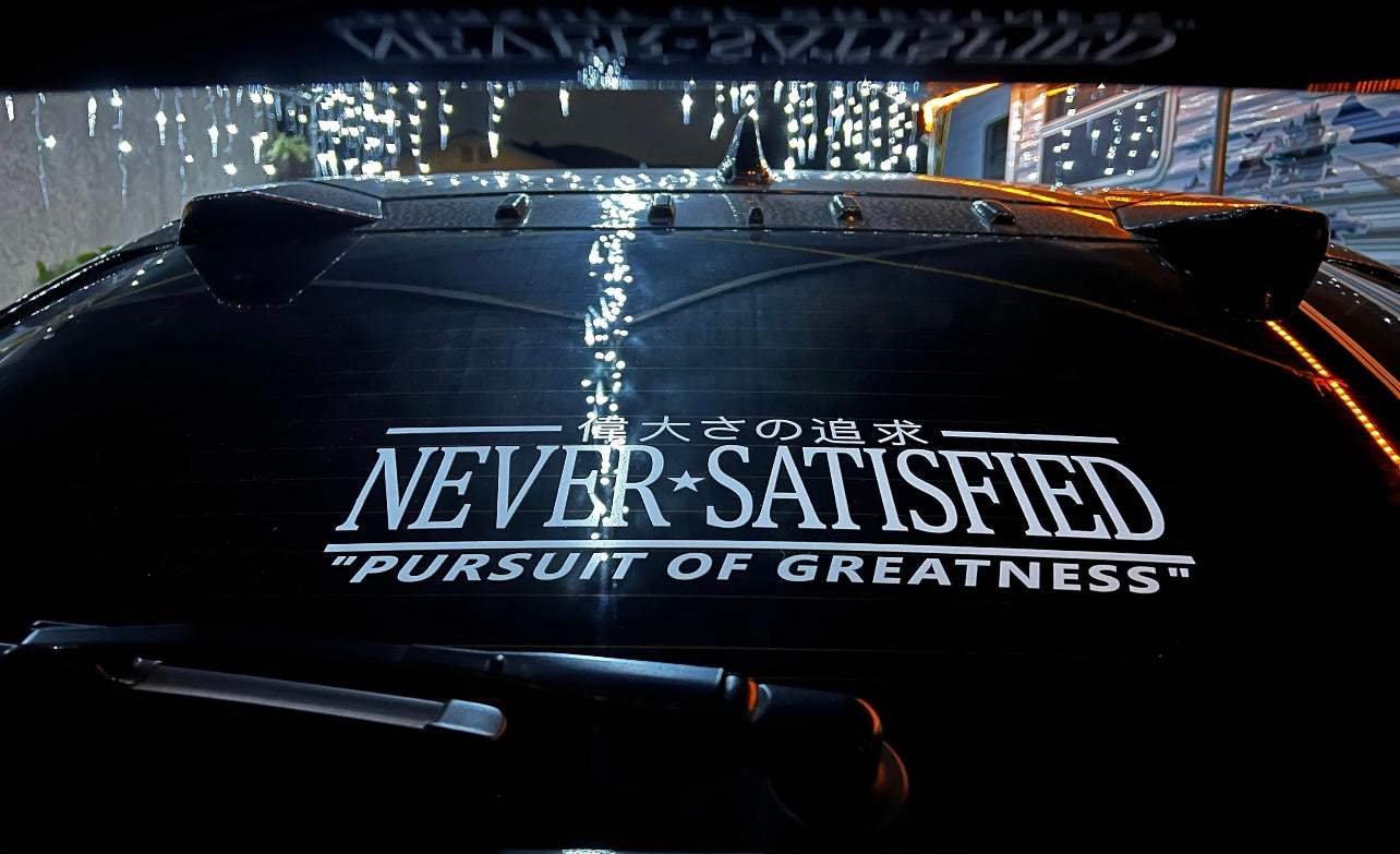 Oracal Vinyl 'NEVER SATISFIED' Windshield Decal Sticker – 42 Inches, JDM / Diesel Truck Style