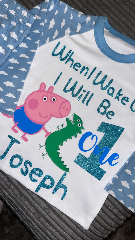 George Pig & Dinosaur Inspired Kids Personalised Birthday Pyjamas | When I Wake Up I Will Be...