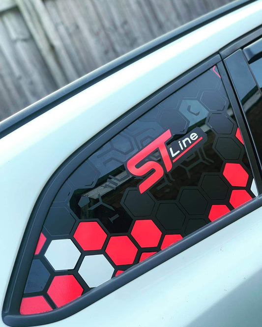 image_4250e357-3a12-4f9f-964a-7297059943fe - R&E Wraps and Graphics LTD - Ford Focus Estate ST Line Honey Comb Window Stickers - honey comb, side window decals, st line, St line window stickers, st window decals, stickers