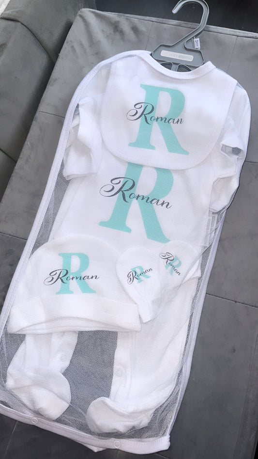 Newborn 5pc Set | Baby Grow | Baby Vest | Bib | Scratch Mits | Baby Hat