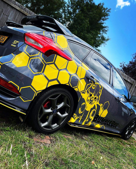 image_b140703c-84ae-4358-ba92-955a19b96894 - R&E Wraps and Graphics LTD - Honey Comb Bumble Bee Graphic Kit Ford Focus MK3 - bumble bee, Bumble bee graphic kit, ford, Ford Graphic Kits, graphic kits, hexagon, hexagon graphic kit, Hexagon graphic kits, hexegons, honey comb, Honey Comb Bumble Bee Graphic Kit Ford Focus MK3, Honey comb graphic kits, transformer