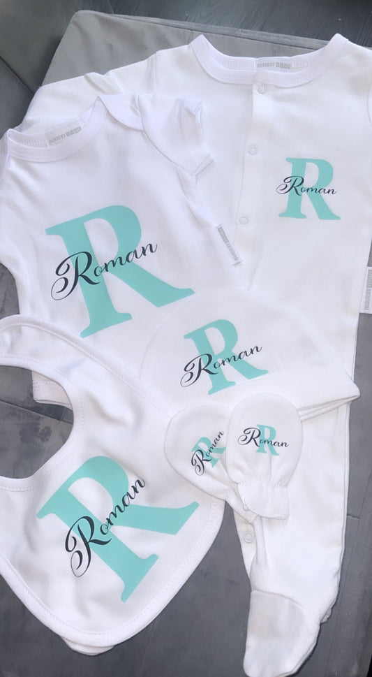 Newborn 5pc Set | Baby Grow | Baby Vest | Bib | Scratch Mits | Baby Hat