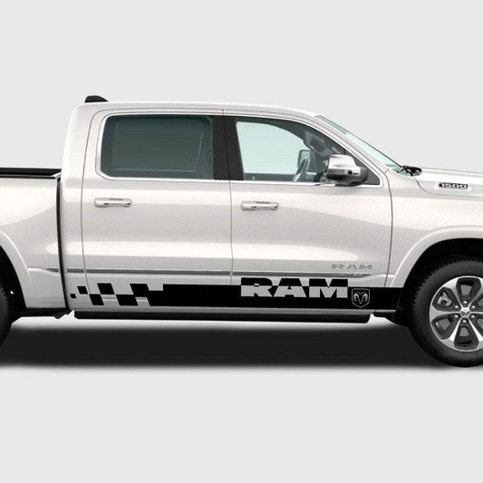 checkered-stripe-and-dodge-ram-side-logo - R&E Wraps and Graphics LTD - Dodge Ram Side Stripes - 4x4, Dodge Ram, side stripes