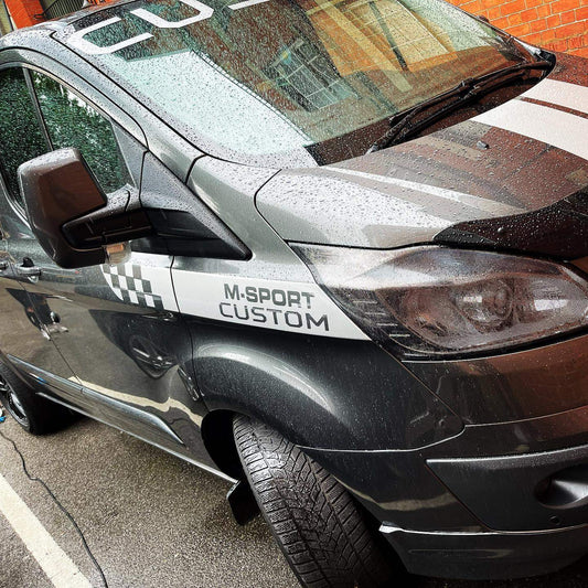 ford-transit-custom-side-decals-x2-vinyl-sticker-racing-stripes-rewrapsandgraphics-1 - R&E Wraps and Graphics LTD - Ford Transit Custom M Sport Side Stickers - ford custom transit, ford transit, m sport, m sport custom transit