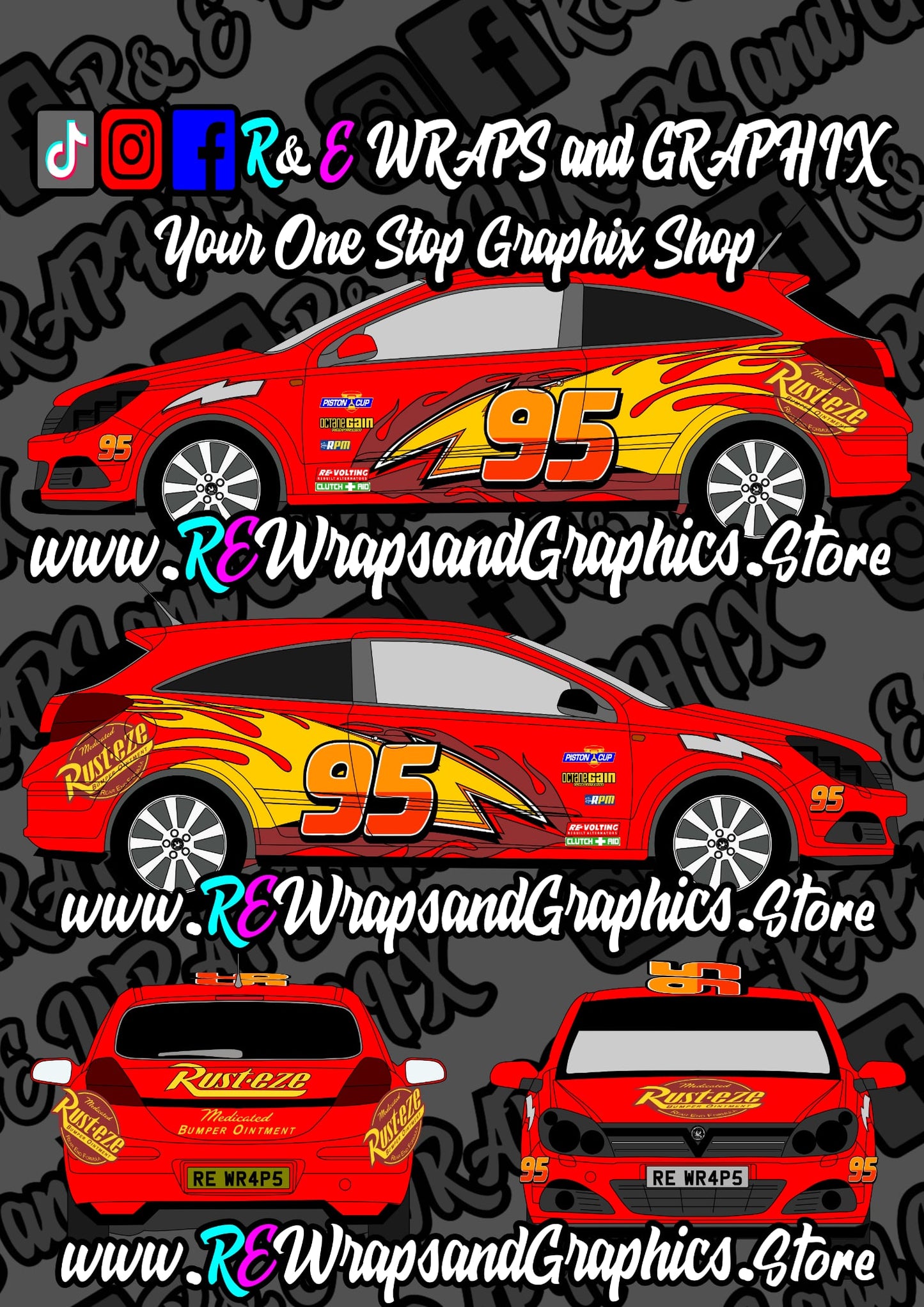 Red car wrap design with yellow flames, number 95, and Rust-eze decals, viewed from multiple angles.