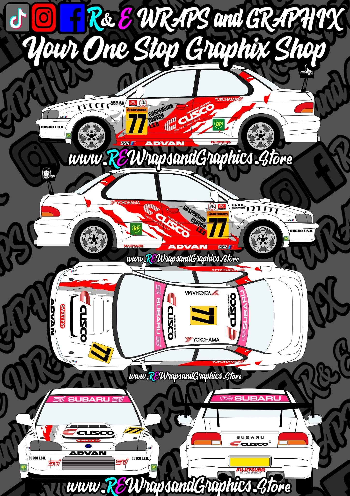 IMG-1323 - R&E Wraps and Graphics LTD - Subaru Impreza GC8 Original Cusco Graphic Kit - Cusco, graphic kits, impreza, Impreza WRX, motul, NGK, OZ RACING, Prodrive, SPARCO, STI, Subaru, Subaru graphic kit, Subaru Impreza Cusco GT300 WRC Track Car Graphic Kit, subaru kits, Subaru STI, WRX